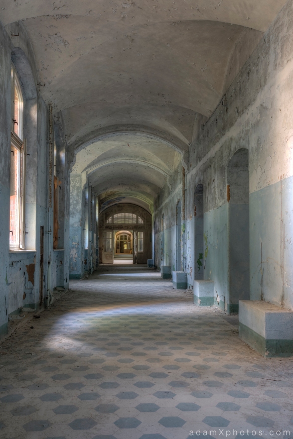 Adam X Urbex Beelitz Heilstatten Germany Urban Exploration Mens Men's Sanatorium Hospital Decay Lost Abandoned Hidden Corridor tiles colours blue