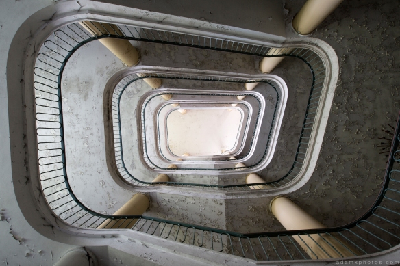 Looking up abstract Stairs Staircase magnificent opulent post-war modernism architecture Speisehauses Dining House VEB Strömungswerke Urbex Germany Adam X Urban Exploration Access 2016 Abandoned decay lost forgotten derelict location Deutschland